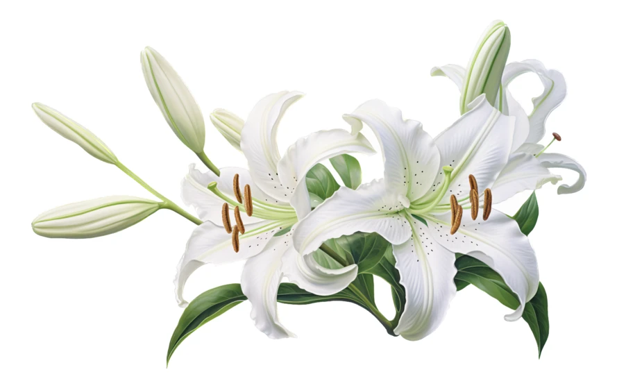 Elegant white lily flowers and buds on white background