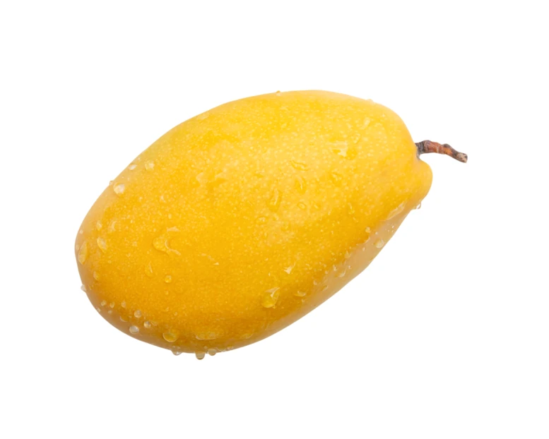 Fresh ripe yellow mango with water drops on white background
