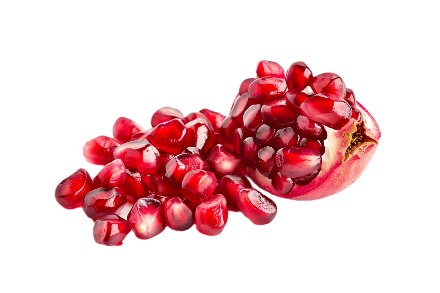 Fresh pomegranate seeds and fruit piece isolated on white background