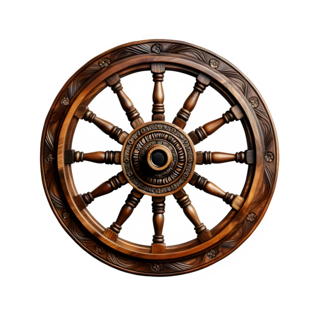 Ornate wooden ship's steering wheel isolated on white background