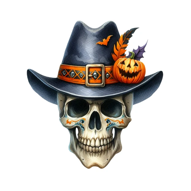 Halloween skull wearing a cowboy hat with pumpkin decoration