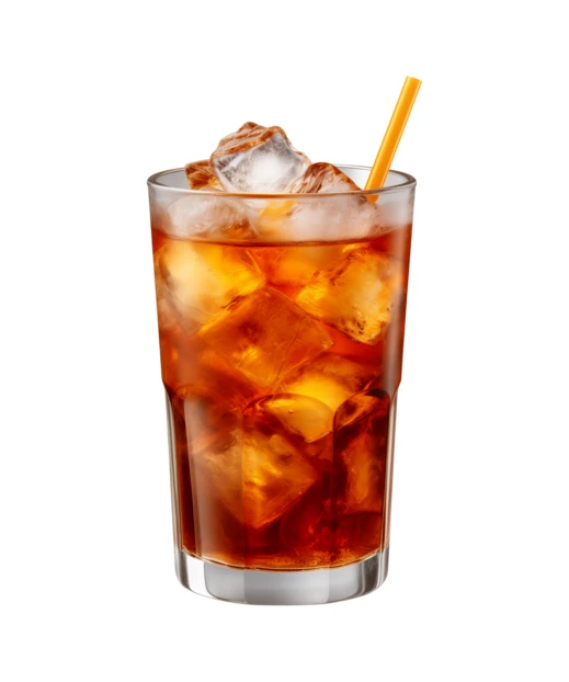 Glass of refreshing iced tea with ice cubes and straw