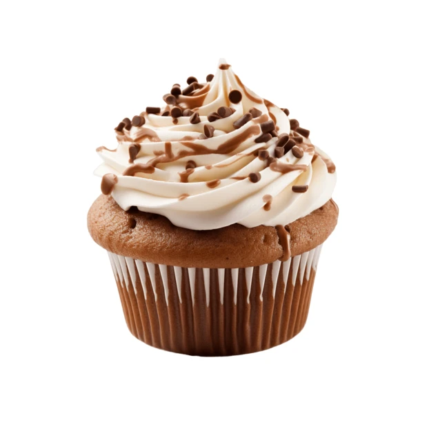 Chocolate cupcake with vanilla frosting and chocolate chips