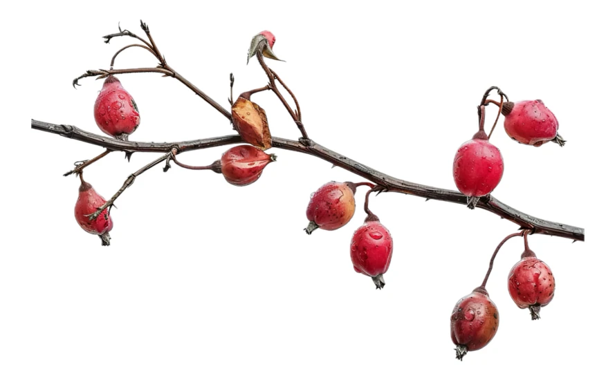 Branch of red rose hips isolated on white background