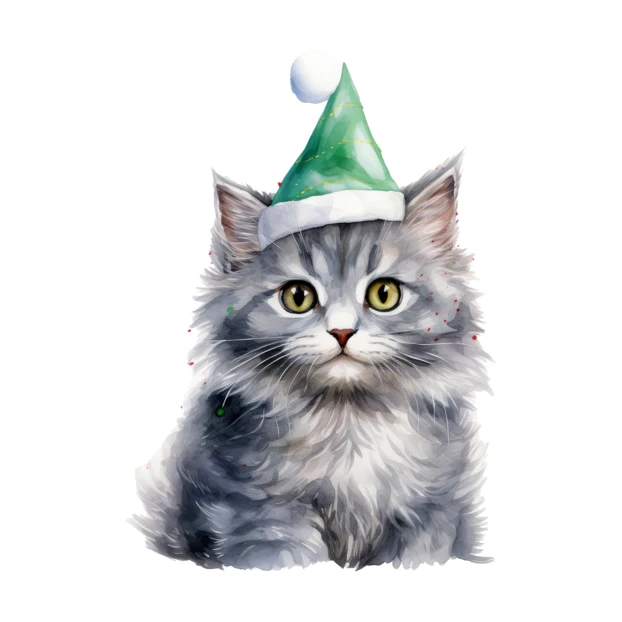 Watercolor illustration of a fluffy grey kitten wearing green hat