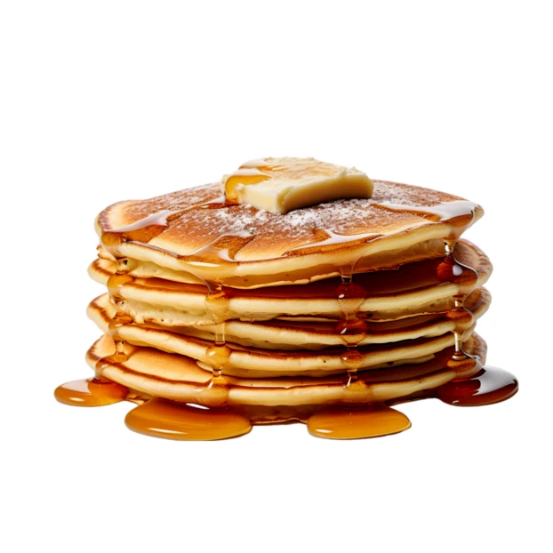 Stack of fluffy pancakes with butter and maple syrup