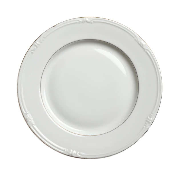 Empty white ceramic dinner plate with embossed decorative rim