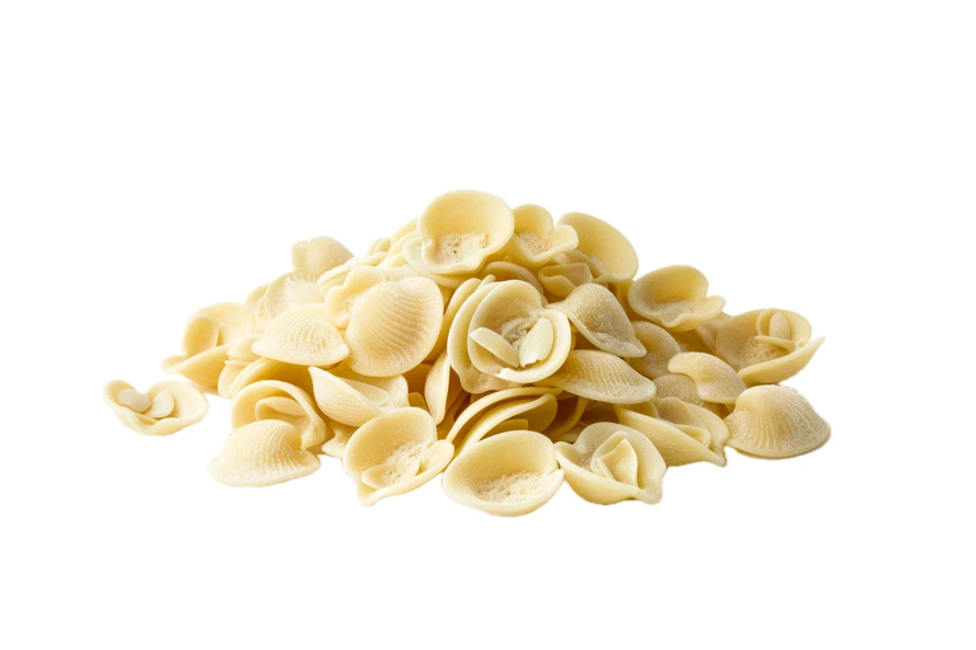 Pile of dry orecchiette pasta on white background