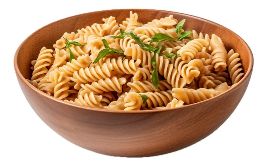Fusilli pasta in wooden bowl isolated on white background