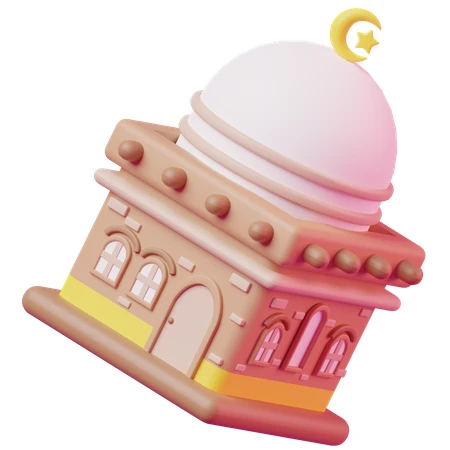 3D cute mosque icon with pink dome and crescent moon