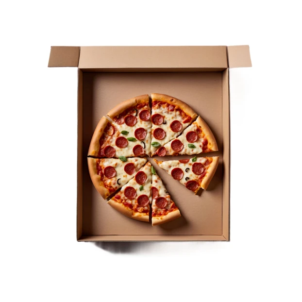 Fresh sliced pepperoni pizza in an open cardboard delivery box