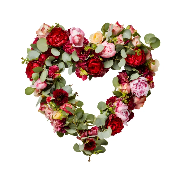 Heart shaped floral wreath with red roses and pink peonies