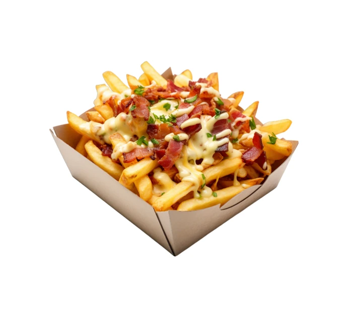 Loaded french fries with melted cheese and bacon bits