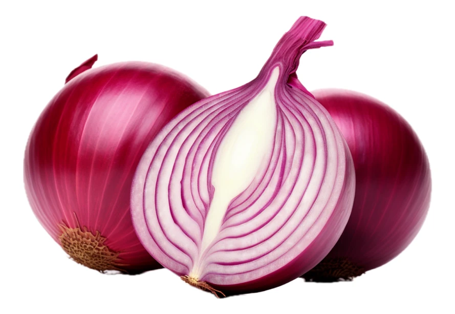 Whole and halved red onions isolated on white background