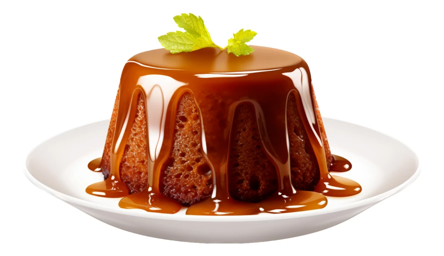Sticky toffee pudding with caramel sauce on white background
