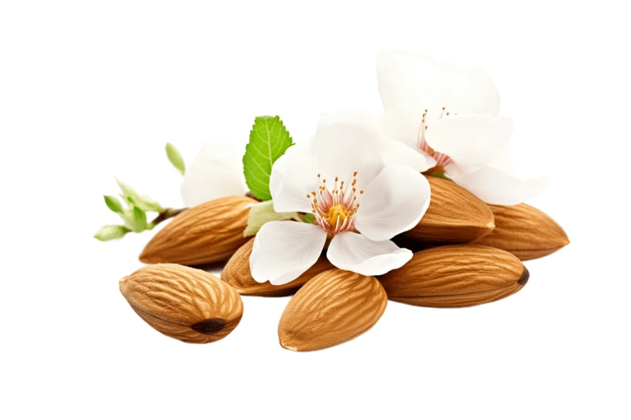 Fresh raw almonds with white blossoms isolated on white