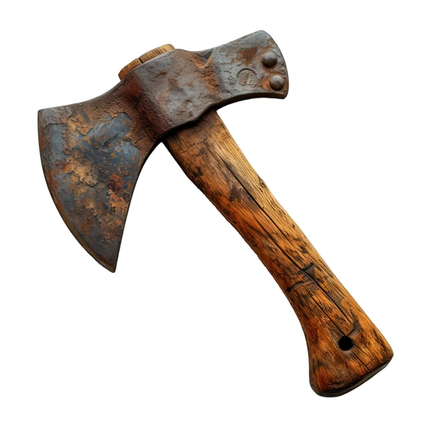 Antique rusty iron axe with worn wooden handle isolated