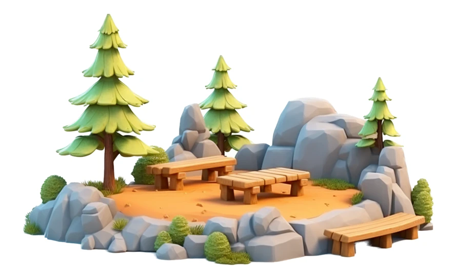 3D stylized forest park with benches and pine trees