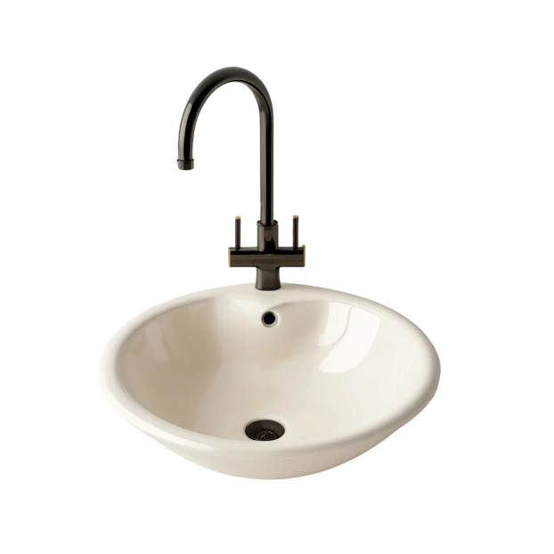 Modern white ceramic vessel sink with black high-arc faucet