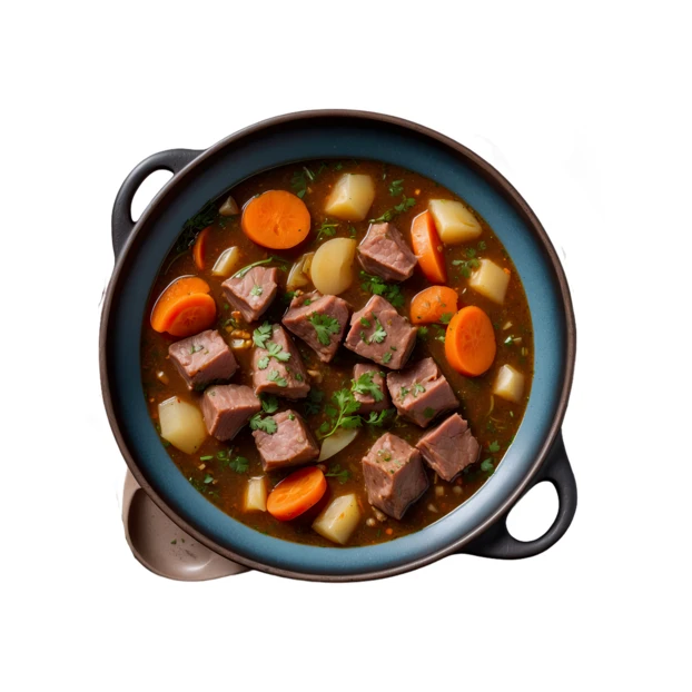 Hearty beef stew with carrots and potatoes isolated on white