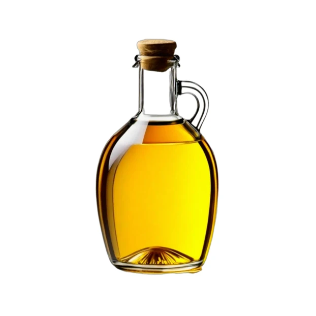Glass bottle of extra virgin olive oil with cork stopper