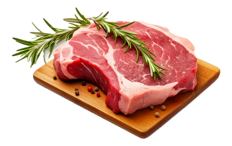 Fresh raw ribeye beef steak with rosemary and peppercorns