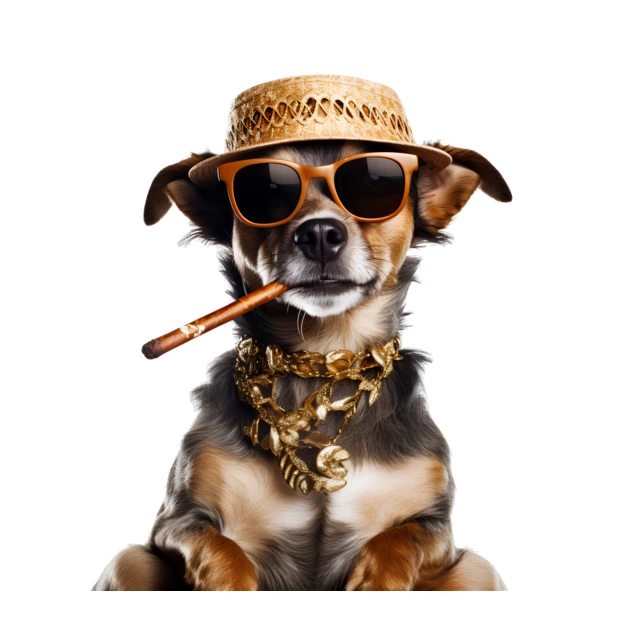 Cool dog wearing sunglasses, straw hat, and gold chain