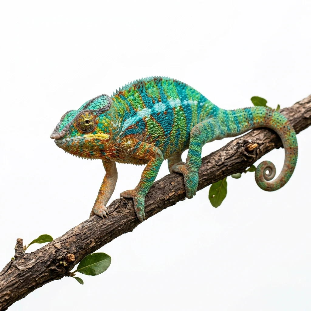 Vibrant panther chameleon on a tree branch against white background