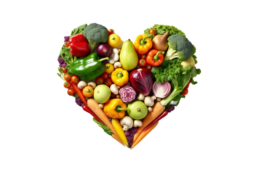 Heart shape made of fresh assorted vegetables on white background