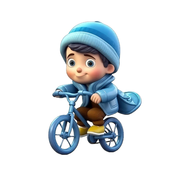 3D cartoon boy in blue riding a blue bicycle