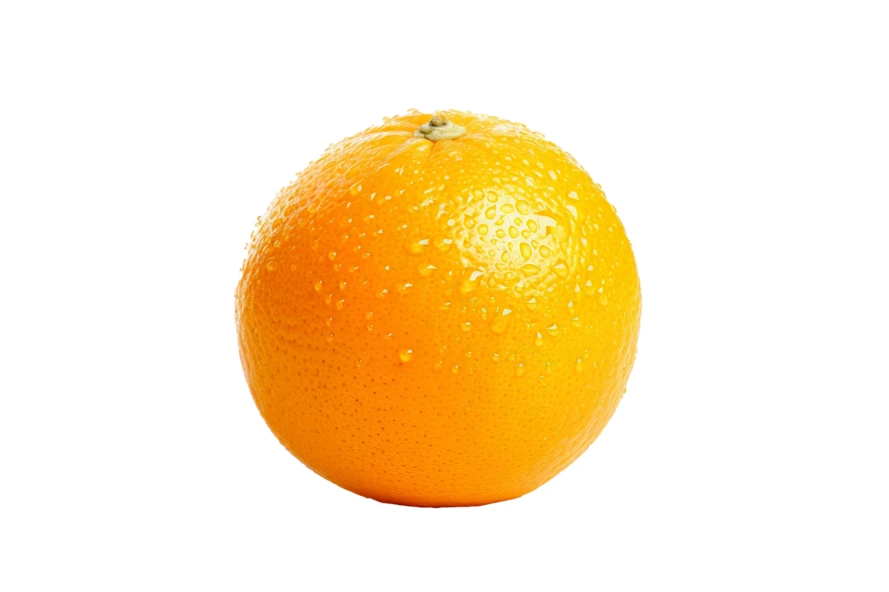 Fresh whole orange with water droplets on white background