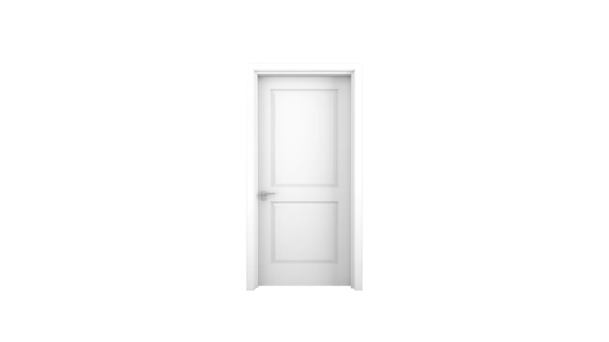 Minimalist closed white door isolated on white background