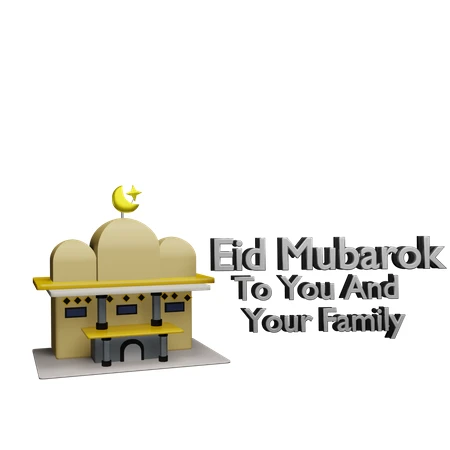 3D mosque illustration with Eid Mubarak greeting text