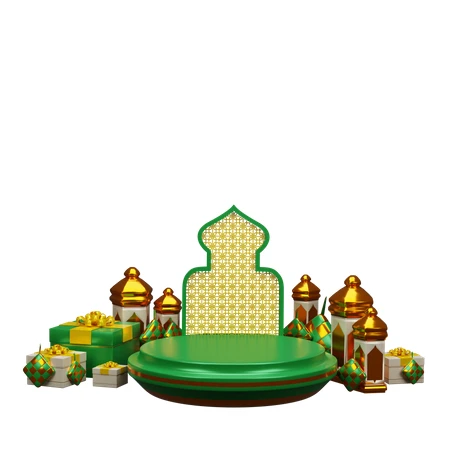 Islamic 3D podium with lanterns and gifts on white background