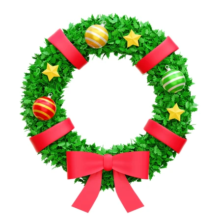 3D Christmas wreath with red bow and colorful ornaments