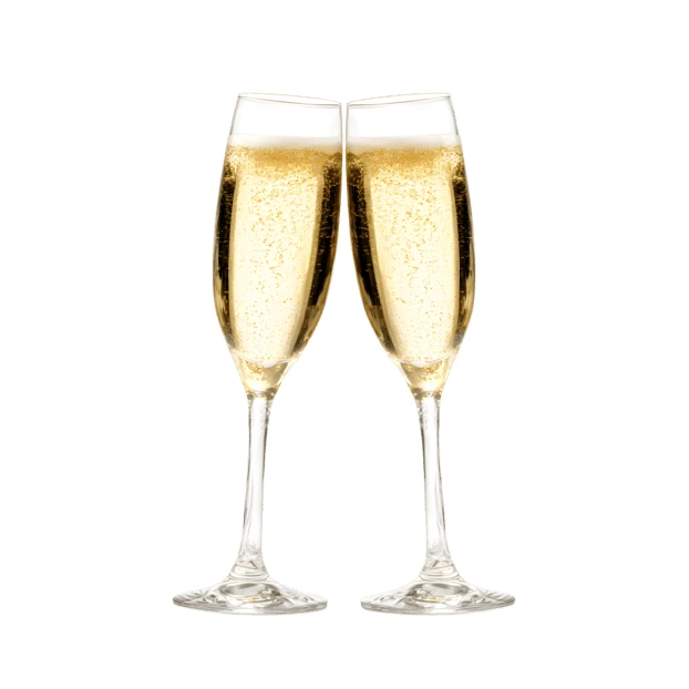 Two glasses of champagne toasting on a white background