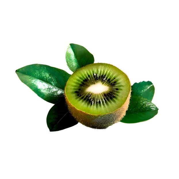 Fresh half kiwi fruit with green leaves on white background