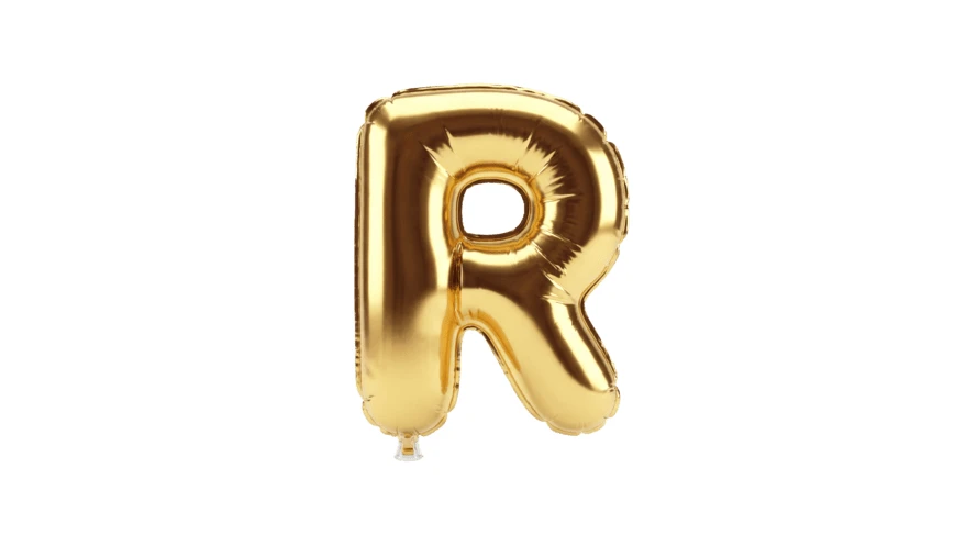 Gold foil balloon letter R isolated on white background