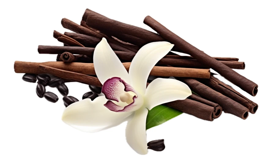 Cinnamon sticks, coffee beans, and vanilla orchid flower
