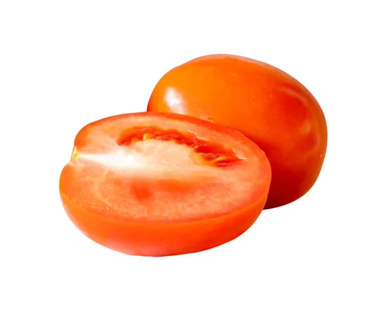 Fresh whole and sliced plum tomato isolated on white background