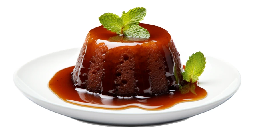 Sticky toffee pudding with caramel sauce and mint garnish