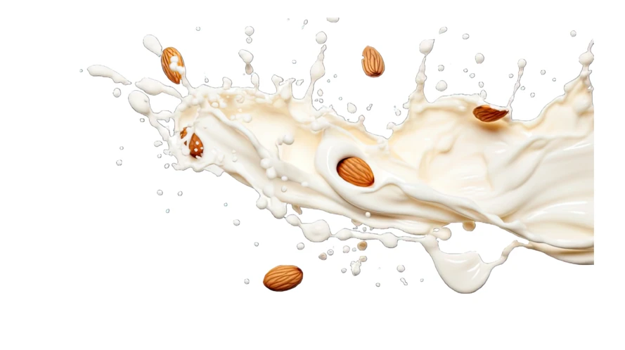 Dynamic almond milk splash with whole nuts on white background