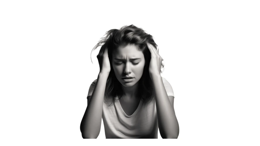 Stressed woman holding head in pain on white background