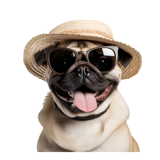 Portrait of a pug wearing sunglasses and straw hat
