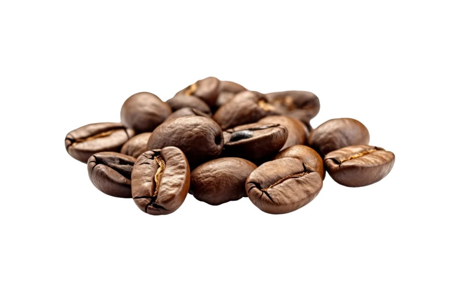 Small pile of roasted coffee beans isolated on white
