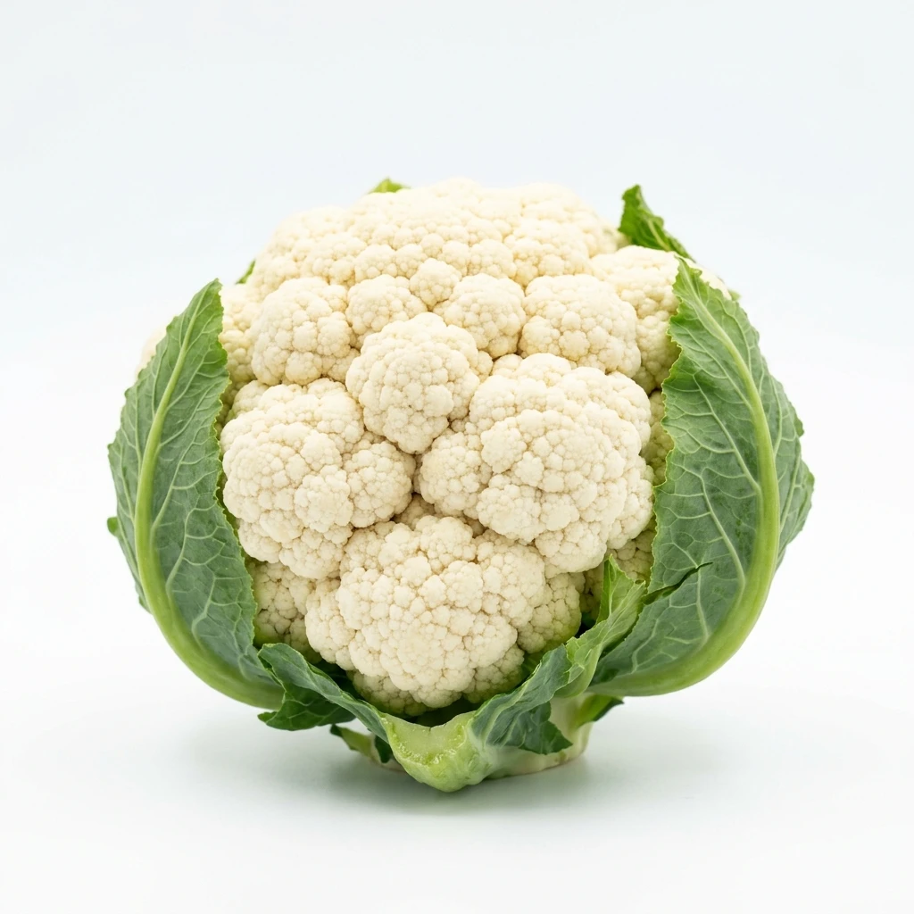 Fresh whole cauliflower with green leaves on white background