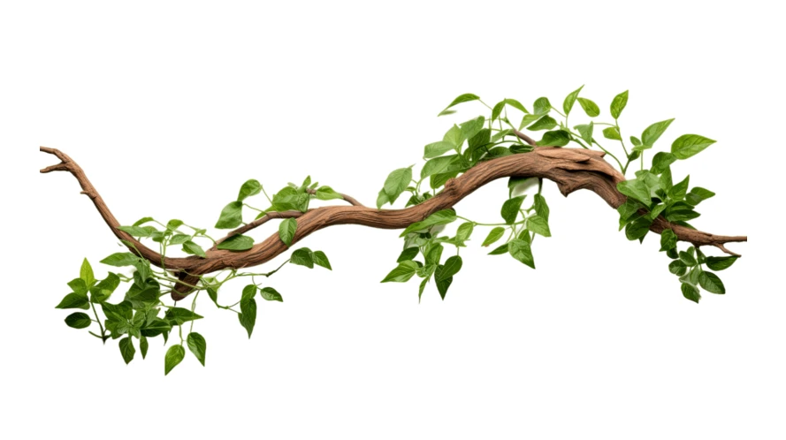 Curved tree branch with green leaves isolated on white