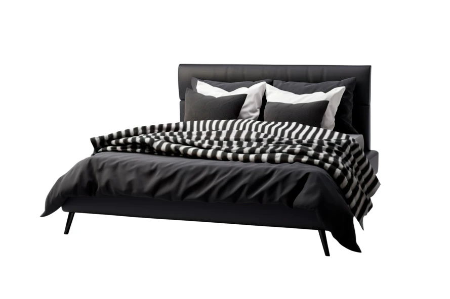 Modern black upholstered double bed isolated on white background