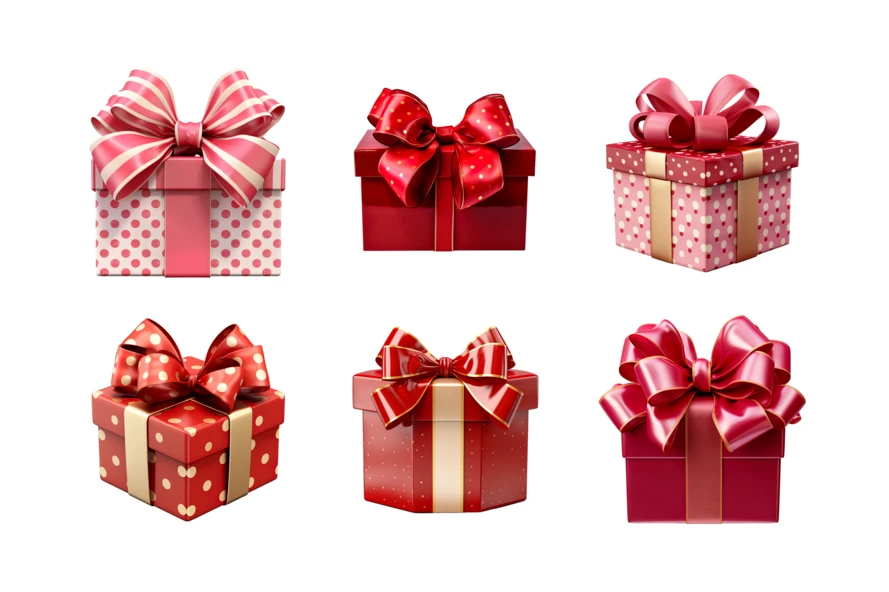 Set of six red and pink decorative gift boxes