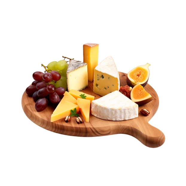 Gourmet cheese board with grapes and figs on white background